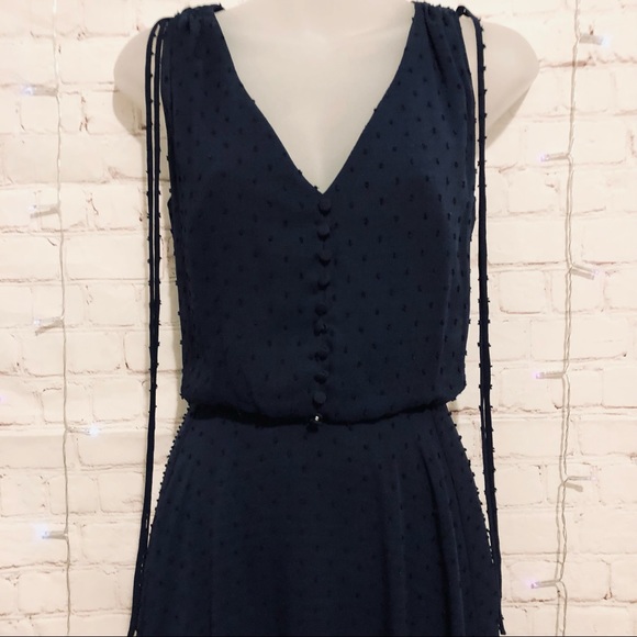 GAL MEETS GLAM ROMANTIC DOTTED CHIFFON NAVY BLUE MIDI DRESS 4 - Picture 3 of 9